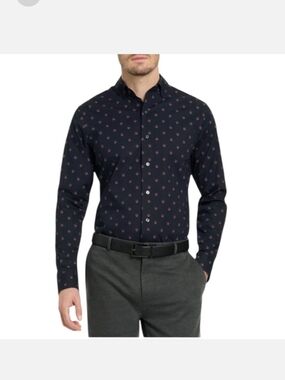 TED BAKER: MENS Navy Long-Sleeve Printed Dress Shirt wuth Floral Print